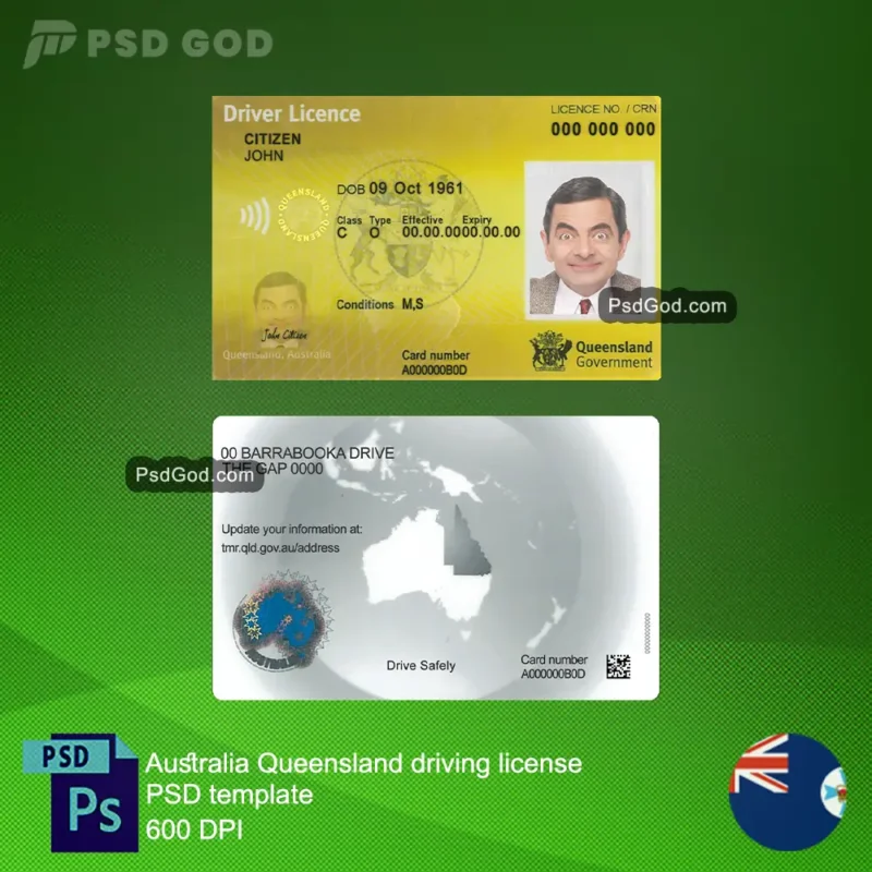 Australien Queensland gefälschten Führerschein psd Vorlage - Modello psd di patente di guida falsa per l'Australia Queensland - Australien Queensland gefälschten Führerschein vectore Datei herunterladen