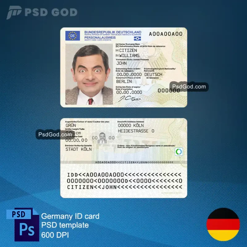 Germany fake ID card psd template- PSD-Vorlage für gefälschten deutschen Personalausweis - Comprar vectorial de documento de identidad falso de Alemania