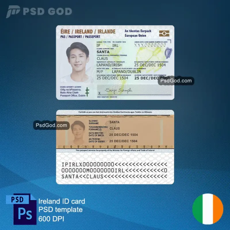Irland gefälschte ID-Karte psd Vorlage - Teimpléad psd cárta aitheantais falsa na hÉireann - kaufen Irland gefälschte ID-Karte Vektor