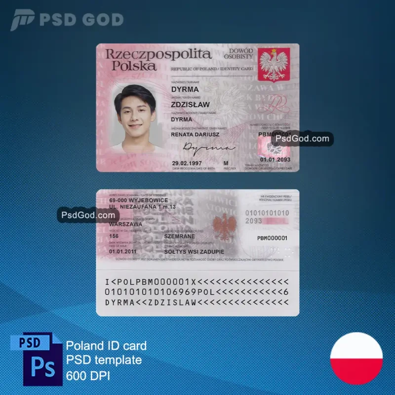 Польша поддельные удостоверения личности psd шаблон - Szablon psd fałszywego dowodu osobistego w Polsce - купить Польша поддельные удостоверения личности вектор