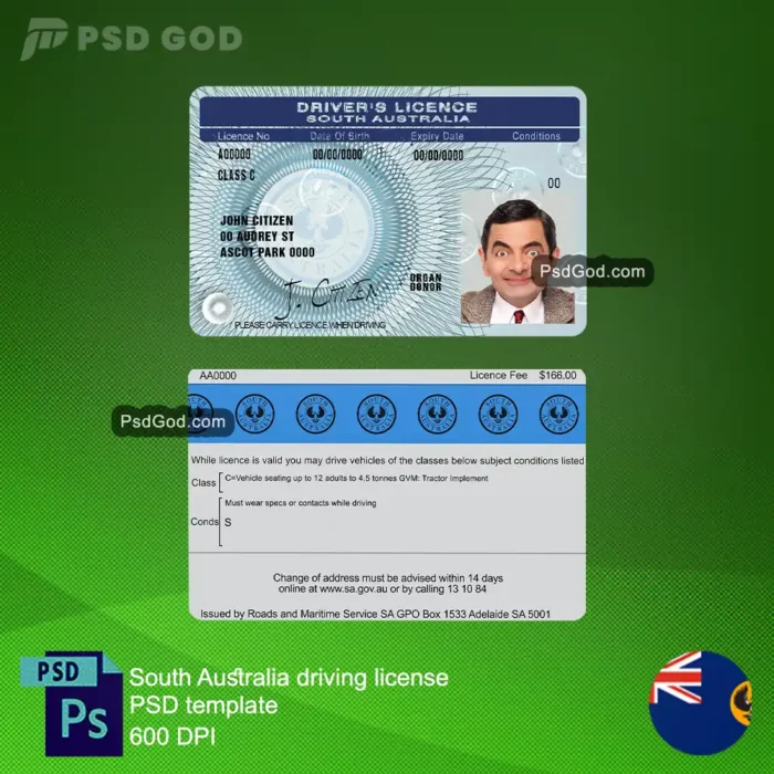 Südaustralien gefälschter Führerschein psd Vorlage - Modello psd patente di guida falsa dell'australia meridionale - Südaustralischer gefälschter Führerschein psd Vorlage