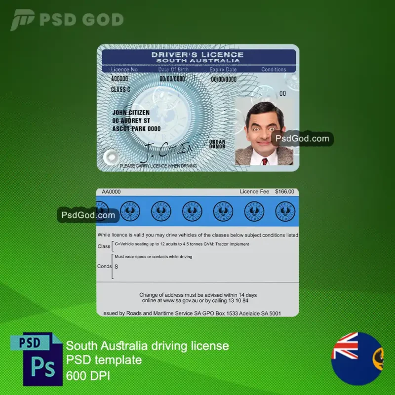 Südaustralien gefälschter Führerschein psd Vorlage - Modello psd patente di guida falsa dell'australia meridionale - Südaustralischer gefälschter Führerschein psd Vorlage