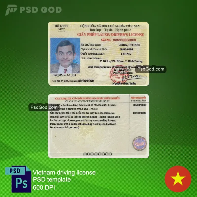 Vietnam gefälschter Führerschein psd Vorlage - Mẫu psd giấy phép lái xe giả Việt Nam - vietnamesischer gefälschter Führerschein Vektor