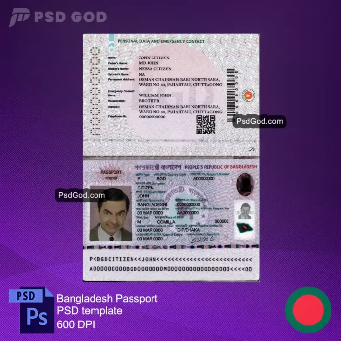 descargar Bangladesh pasaporte falso plantilla psd -বাংলাদেশ জাল পাসপোর্ট psd টেমপ্লেট -comprar pasaporte falso bangla archivo vectorial