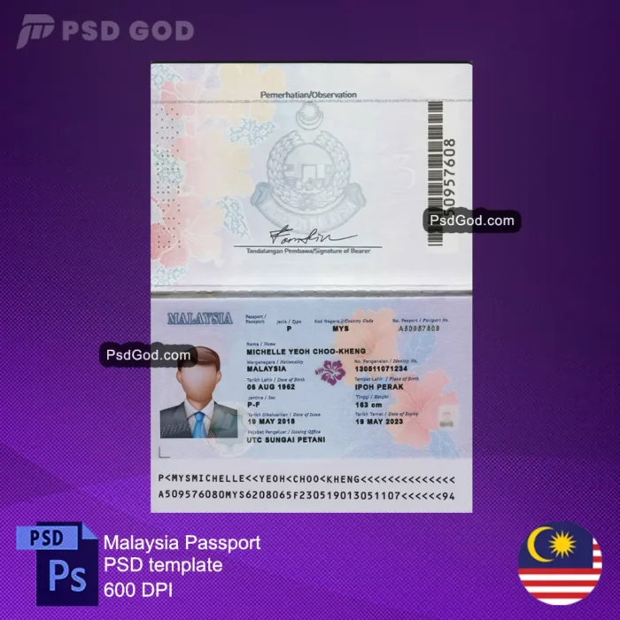 Plantilla psd de pasaporte falso de Malasia