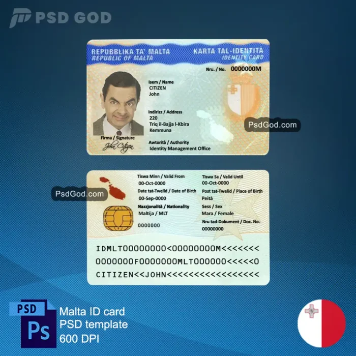 Kaufen oder Herunterladen Malta fake ID card psd template - Malta foloz karta ta' identifikazzjoni karta psd template - Niżżel il-fajl tal-vettur tal-karta tal-identifikazzjoni falza Maltija -