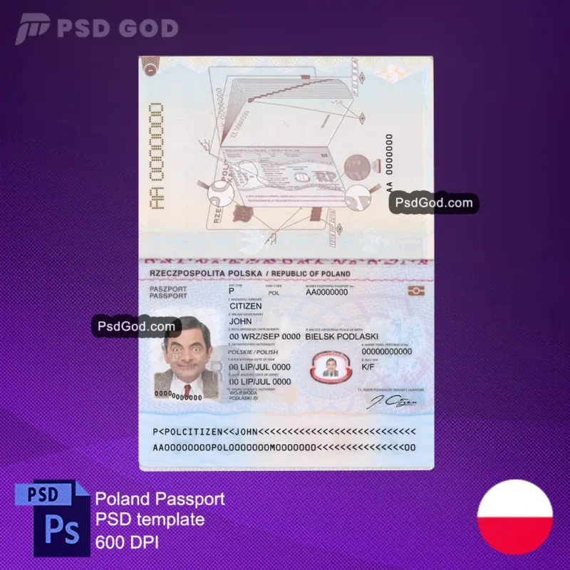 comprar o descargar Poland fake passport psd template -Szablon psd fałszywego paszportu polskiego - descargar pasaporte polaco falso archivo vectorial