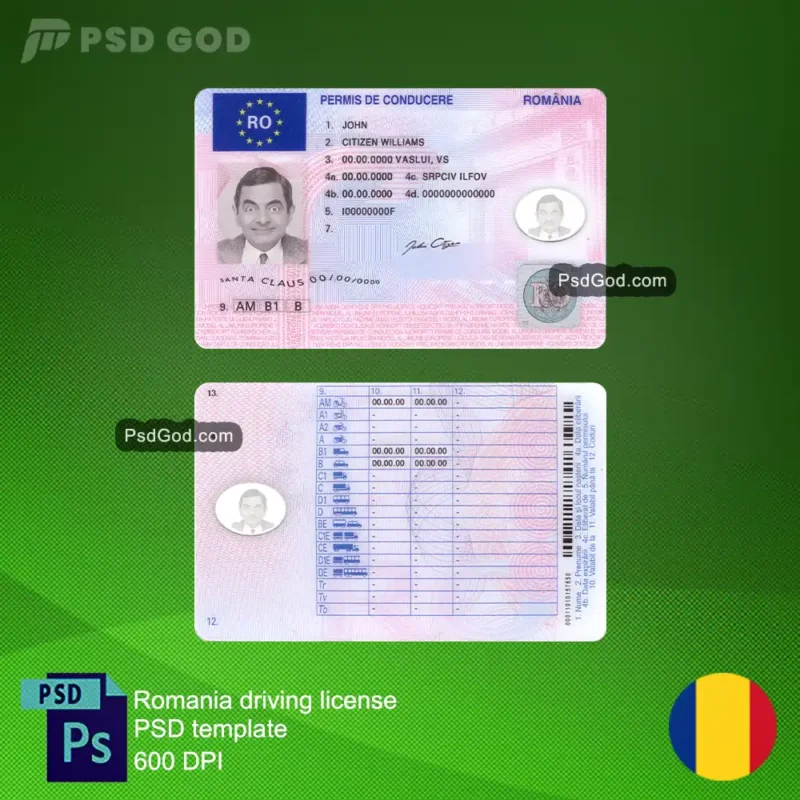 Kaufen oder Herunterladen Rumänien gefälschten Führerschein psd Vorlage - Cumpărați sau descărcați șablonul psd permis de conducere fals România - Kaufen oder Herunterladen gefälschten rumänischen Führerschein Vektor-Datei - Cumpărați sau descărcați fișier vectorial permis de conducere românesc fals